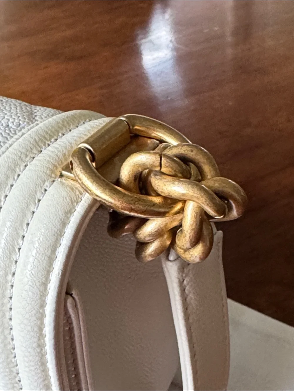CHANEL Off White  Quilted Boy Shoulder Bag with Gold Hardware